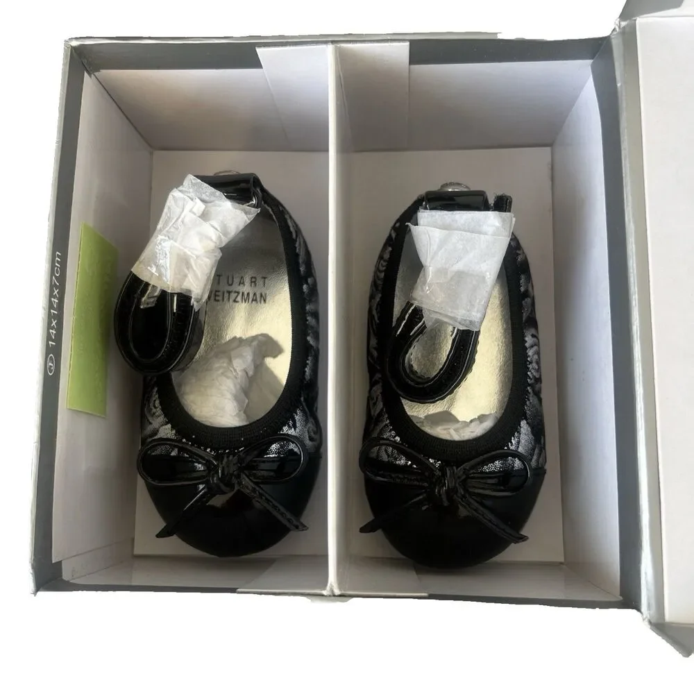 Stuart Weitzman Baby Paliava Silver Black Baby Ballet Shoes w/Bow Sz 2 3-6M NEW